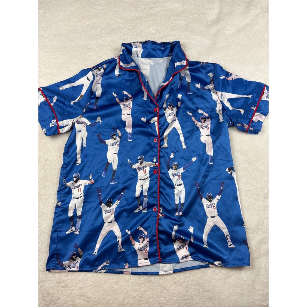 Los Angeles Dodgers MLB Satin Pajama Top Blue Short Sleeve Button Up Medium